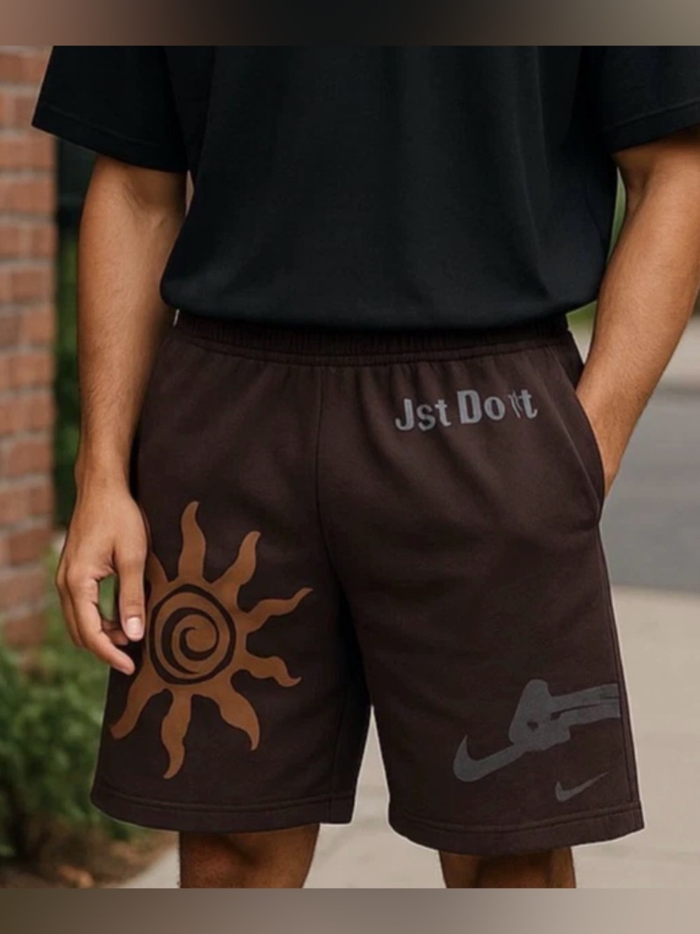 Nike Men's Brown Graphic Sun Logo Aztec style French Terry like athletic Shorts